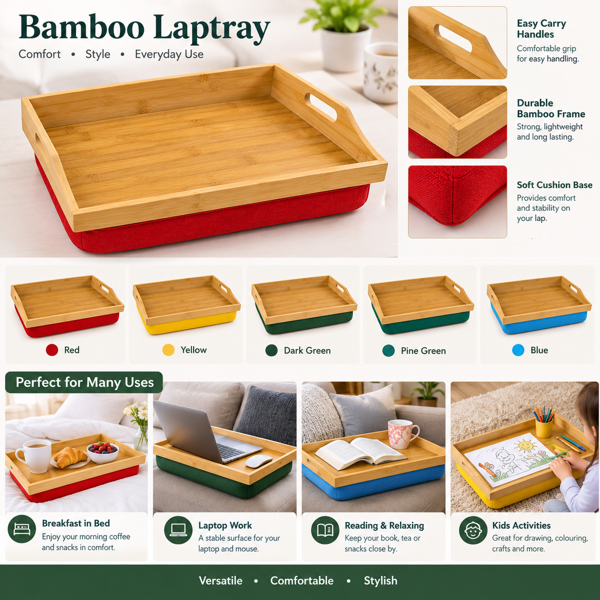 100% Bamboo Lap Tray with Cushion: Dinner / Breakfast Tray, Stable Table, Serving Tray Laptray, Gift, Design # Natural Bamboo (Green)
