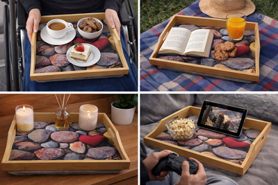 100% Bamboo Lap Tray with Cushion: Dinner / Breakfast Tray, Stable Table, Serving Tray Laptray, Gift, Design # Heart Stone