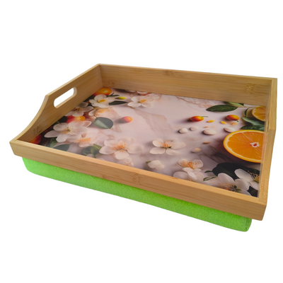 100% Bamboo Lap Tray with Cushion: Dinner / Breakfast Tray, Stable Table, Serving Tray Laptray, Gift, Design # Citrus Blossom