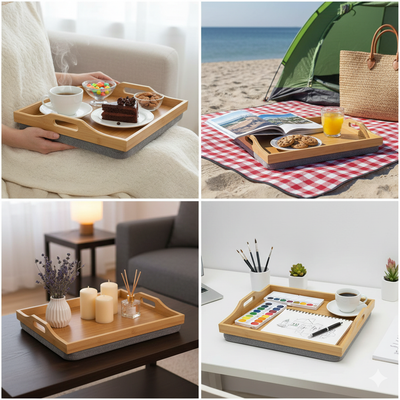 100% Bamboo Lap Tray with Cushion: Dinner / Breakfast Tray, Stable Table, Serving Tray Laptray, Gift, Design # Natural Bamboo