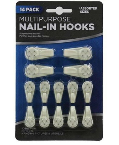 Nail In Hooks Multi Purpose Home Organisation Wall Clip Hook- Pack of 14