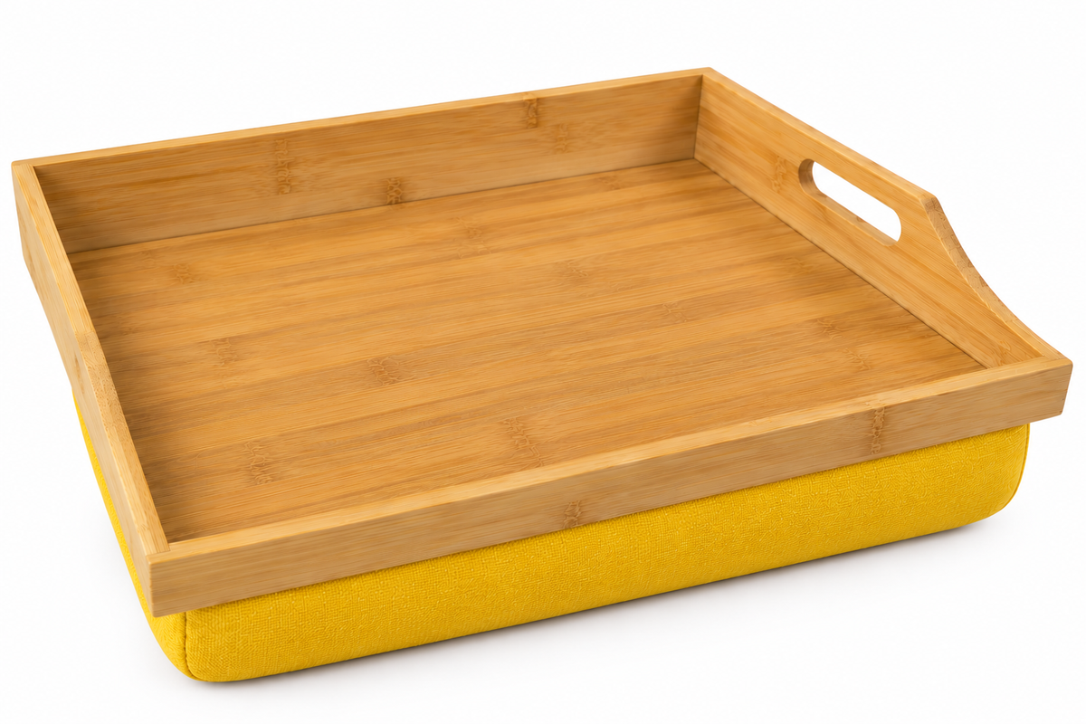 100% Bamboo Lap Tray with Cushion: Dinner / Breakfast Tray, Stable Table, Serving Tray Laptray, Gift, Design # Natural Bamboo (Yellow)
