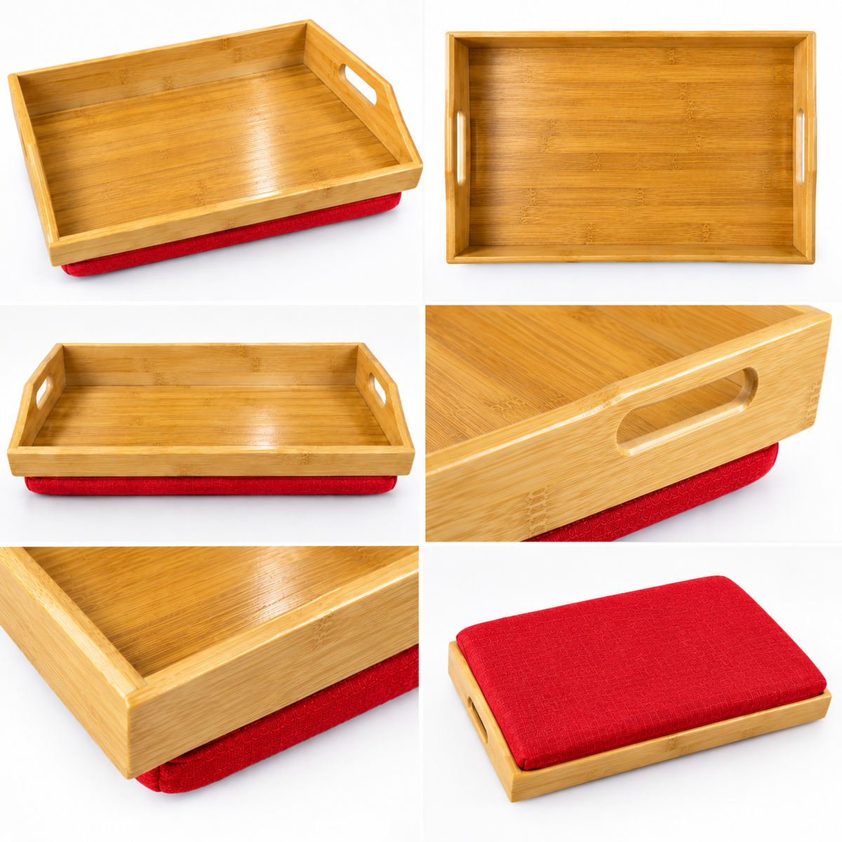 100% Bamboo Lap Tray with Cushion: Dinner / Breakfast Tray, Stable Table, Serving Tray Laptray, Gift, Design # Natural Bamboo (Red)