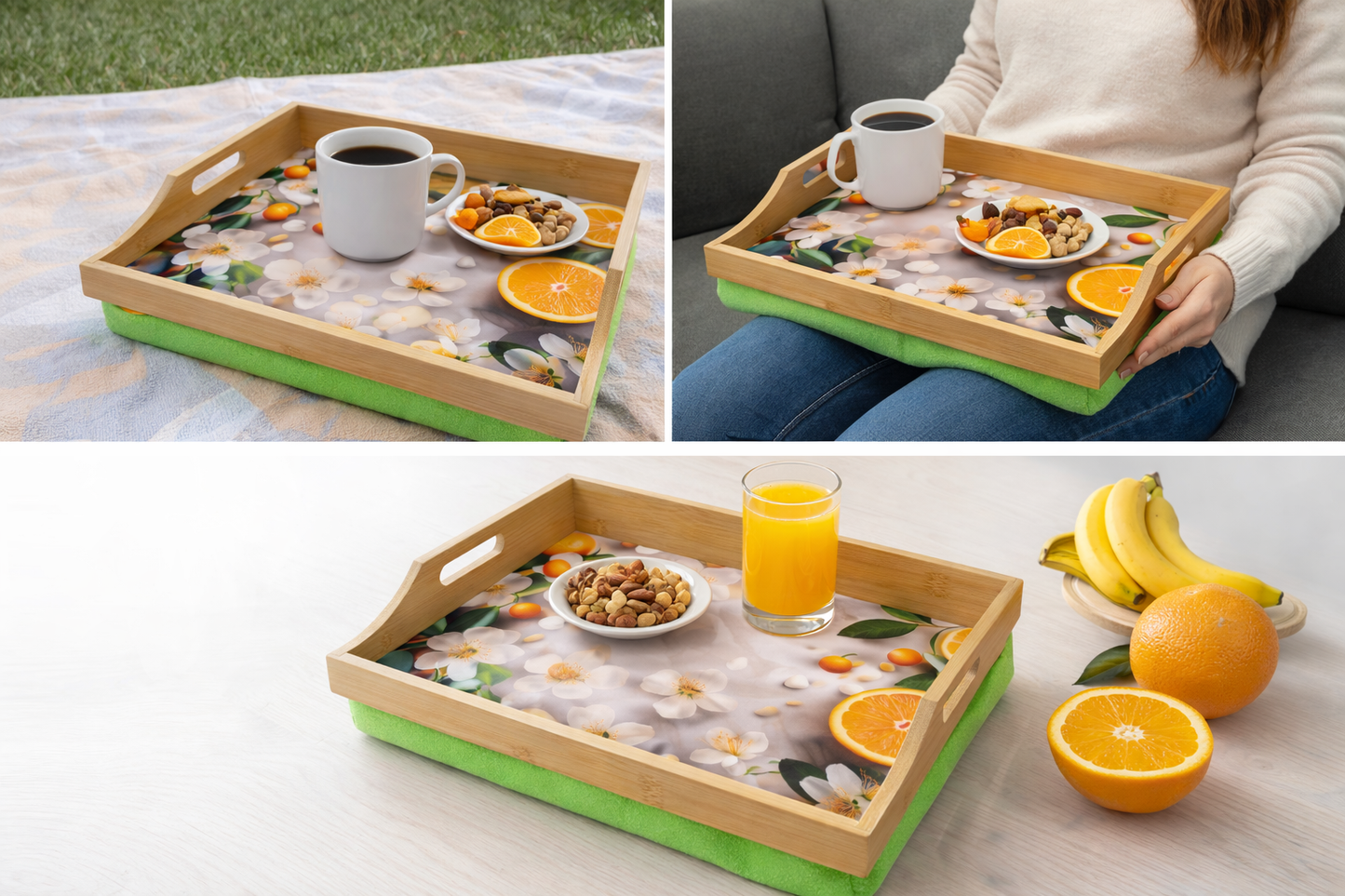 100% Bamboo Lap Tray with Cushion: Dinner / Breakfast Tray, Stable Table, Serving Tray Laptray, Gift, Design # Citrus Blossom