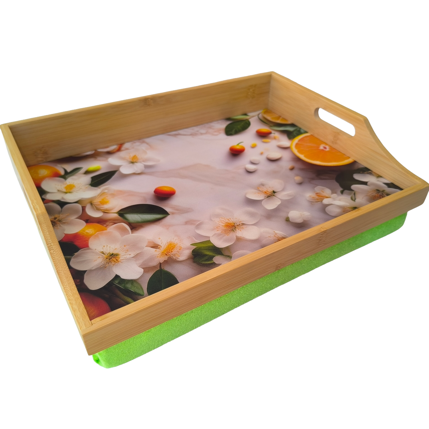 100% Bamboo Lap Tray with Cushion: Dinner / Breakfast Tray, Stable Table, Serving Tray Laptray, Gift, Design # Citrus Blossom