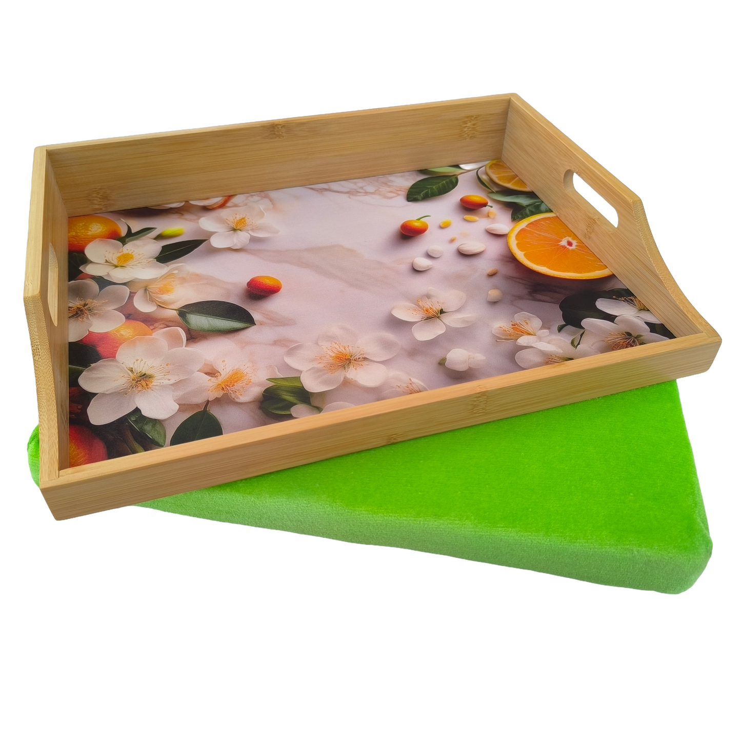 100% Bamboo Lap Tray with Cushion: Dinner / Breakfast Tray, Stable Table, Serving Tray Laptray, Gift, Design # Citrus Blossom