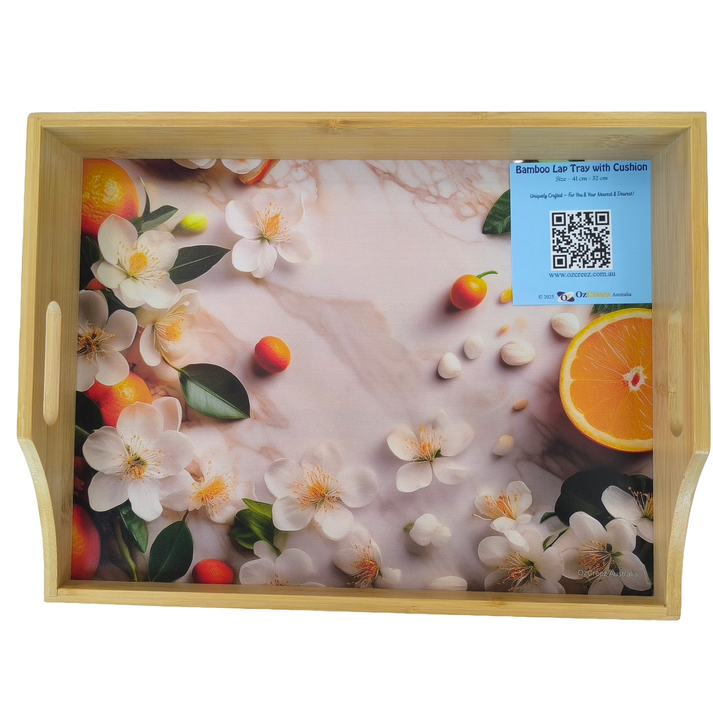 100% Bamboo Lap Tray with Cushion: Dinner / Breakfast Tray, Stable Table, Serving Tray Laptray, Gift, Design # Citrus Blossom