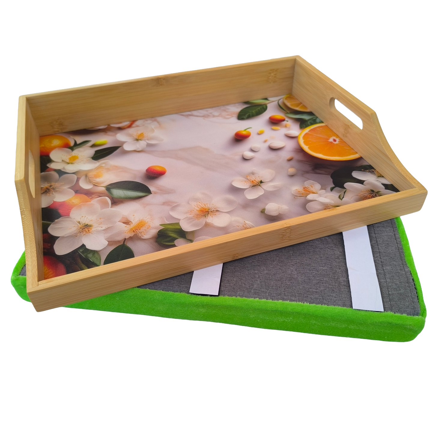 100% Bamboo Lap Tray with Cushion: Dinner / Breakfast Tray, Stable Table, Serving Tray Laptray, Gift, Design # Citrus Blossom