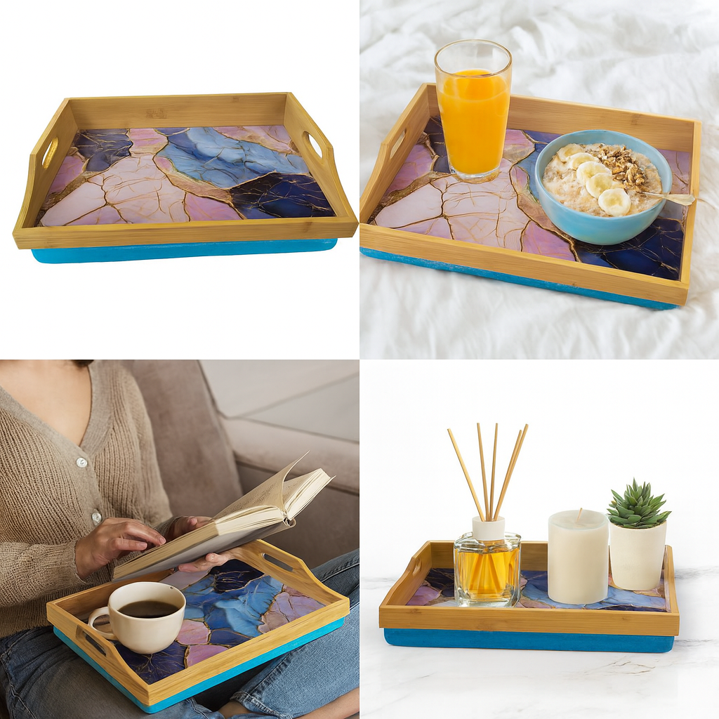 100% Bamboo Lap Tray with Cushion: Dinner / Breakfast Tray, Stable Table, Serving Tray Laptray, Gift, Design # Gilt Marble