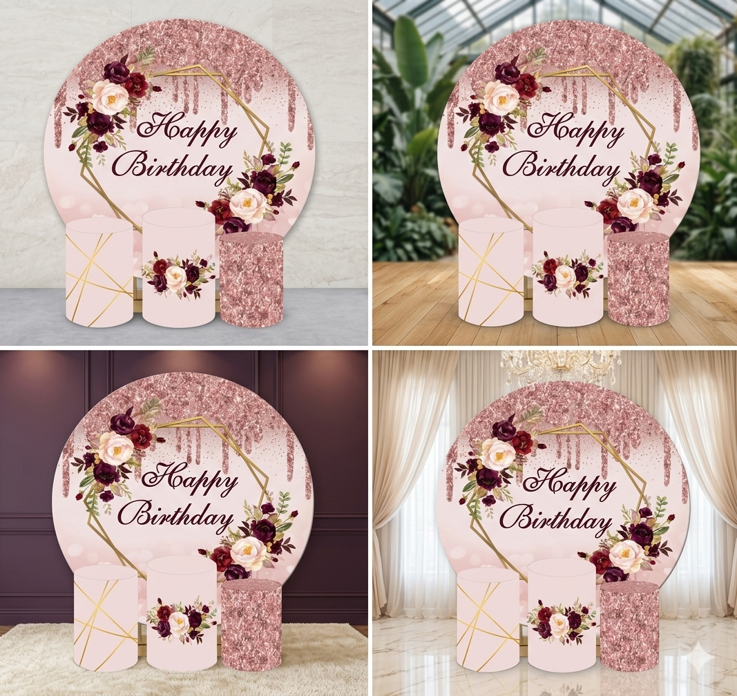 Backdrop and Plinths Cover- Birthday Pink Flower Theme