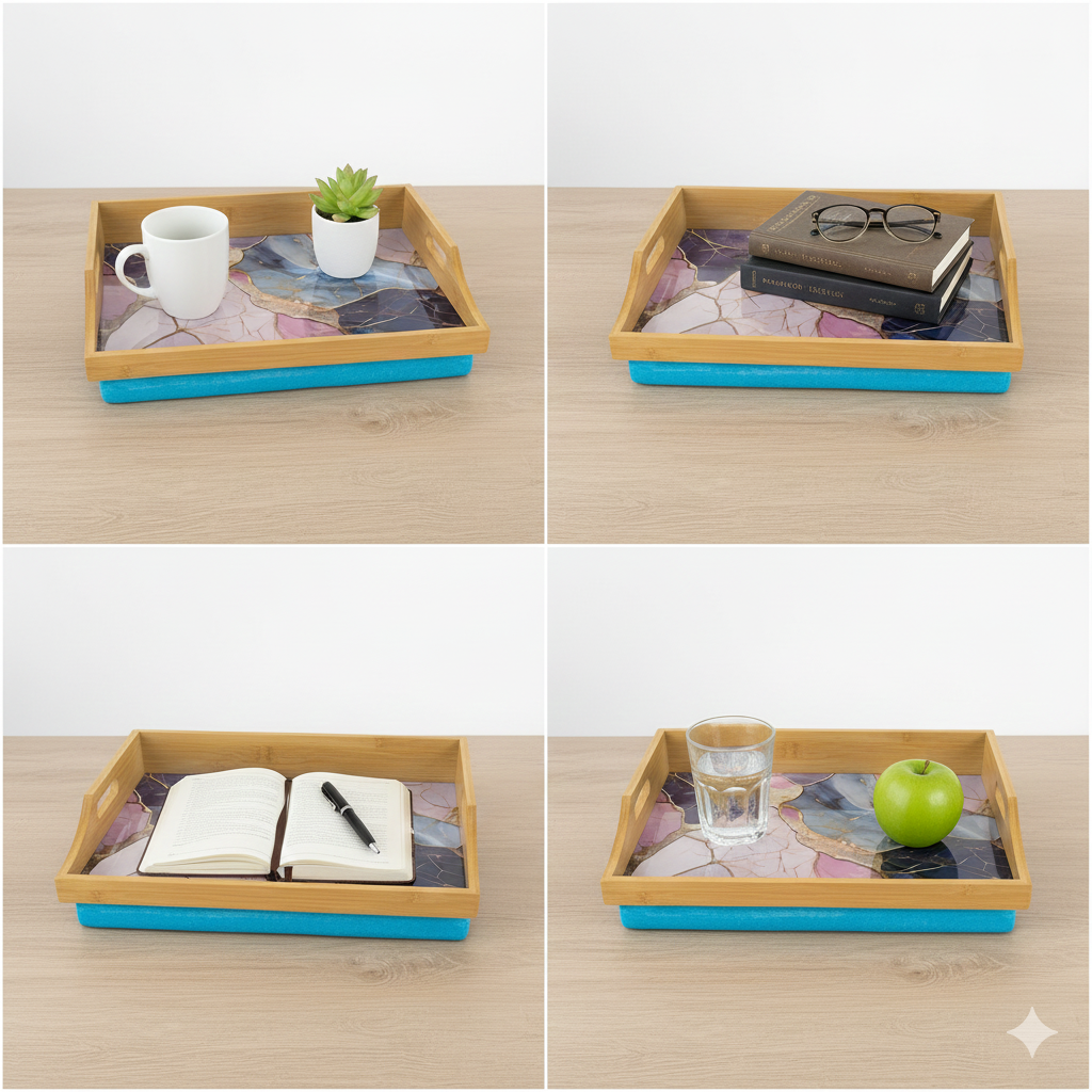 100% Bamboo Lap Tray with Cushion: Dinner / Breakfast Tray, Stable Table, Serving Tray Laptray, Gift, Design # Gilt Marble