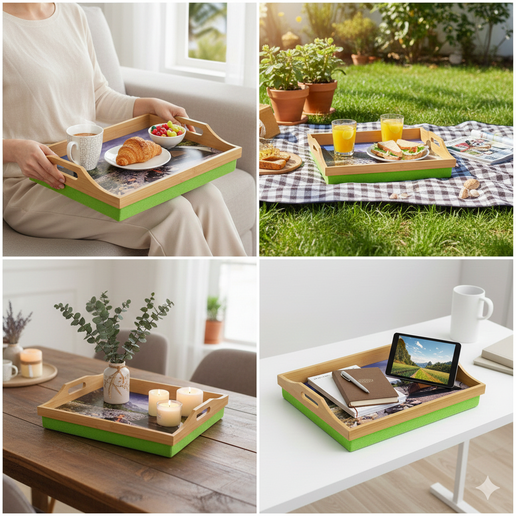 100% Bamboo Lap Tray with Cushion: Dinner / Breakfast Tray, Stable Table, Serving Tray Laptray, Gift, Design # Nature Nourishment