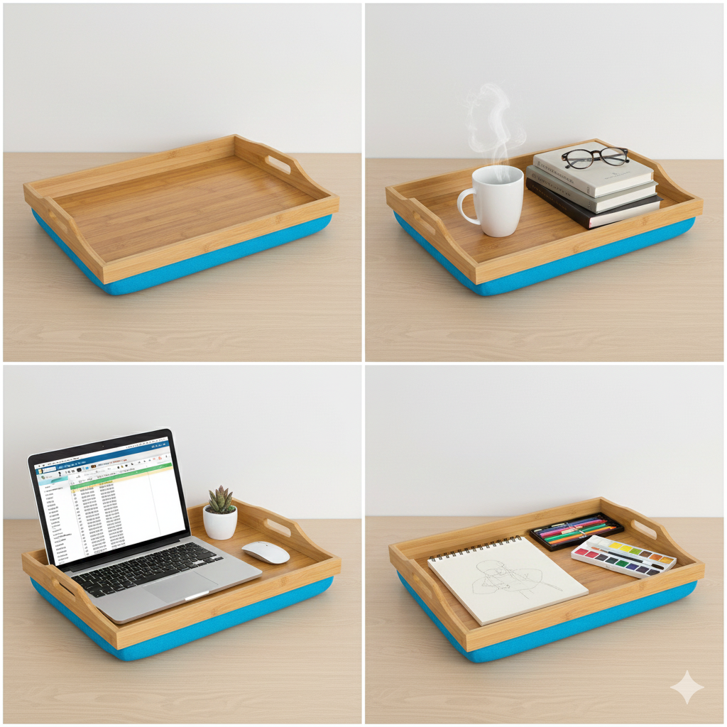 100% Bamboo Lap Tray with Cushion: Dinner / Breakfast Tray, Stable Table, Serving Tray Laptray, Gift, Design # Natural Bamboo