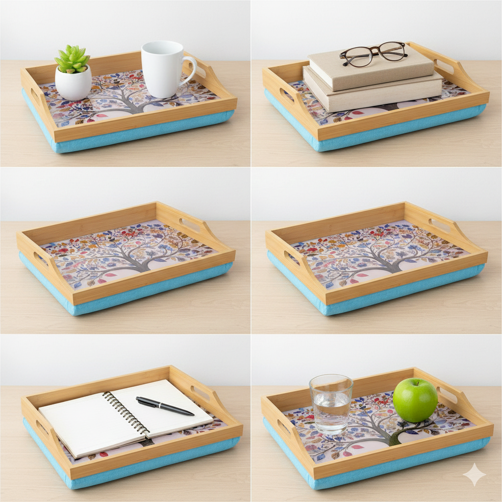 100% Bamboo Lap Tray with Cushion: Dinner / Breakfast Tray, Stable Table, Serving Tray Laptray, Gift, Design # Tree of Life