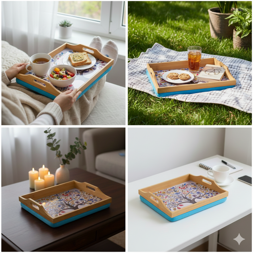 100% Bamboo Lap Tray with Cushion: Dinner / Breakfast Tray, Stable Table, Serving Tray Laptray, Gift, Design # Tree of Life