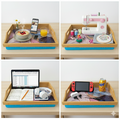 100% Bamboo Lap Tray with Cushion: Dinner / Breakfast Tray, Stable Table, Serving Tray Laptray, Gift, Design # Natural Bamboo