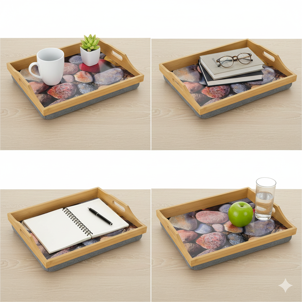 100% Bamboo Lap Tray with Cushion: Dinner / Breakfast Tray, Stable Table, Serving Tray Laptray, Gift, Design # Heart Stone