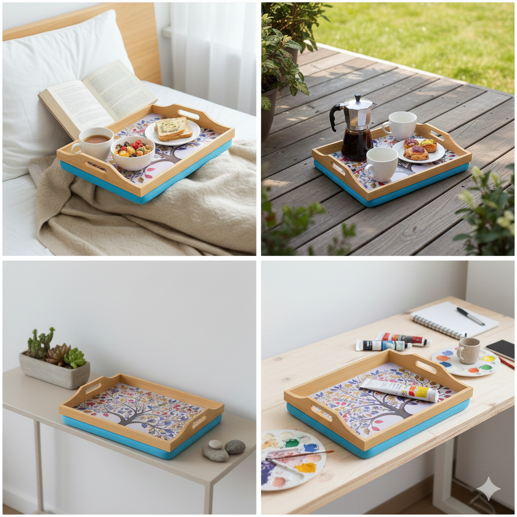 100% Bamboo Lap Tray with Cushion: Dinner / Breakfast Tray, Stable Table, Serving Tray Laptray, Gift, Design # Tree of Life