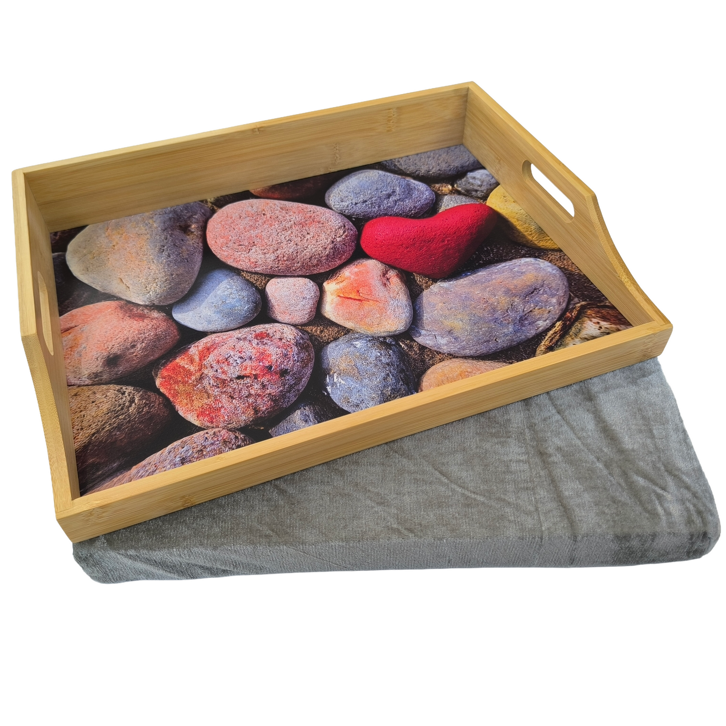 100% Bamboo Lap Tray with Cushion: Dinner / Breakfast Tray, Stable Table, Serving Tray Laptray, Gift, Design # Heart Stone