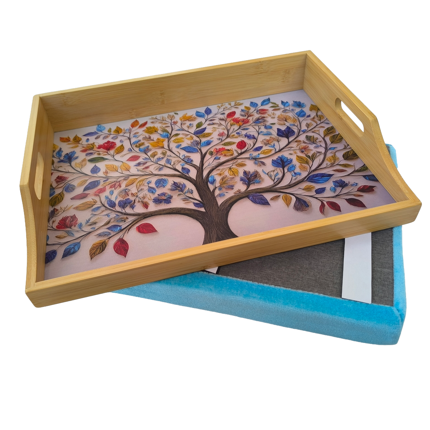 100% Bamboo Lap Tray with Cushion: Dinner / Breakfast Tray, Stable Table, Serving Tray Laptray, Gift, Design # Tree of Life